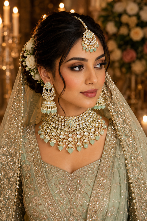Kundan with pearls work beautiful heavy work Choker necklace with designer Jhumka Earrings and Tikka (slight variation in color and design is possible)