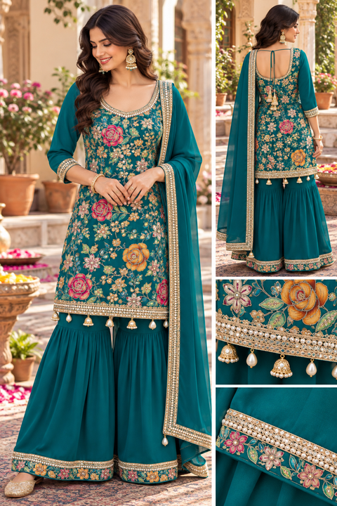 Soft crepe silk embroidery with pearl work kameez with sharara & dupatta. Slight variation in colour and design
