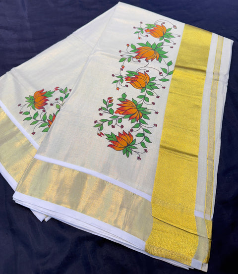 KERALA Gold Tissue SAREE WITH BEAUTIFUL FLORAL PRINT