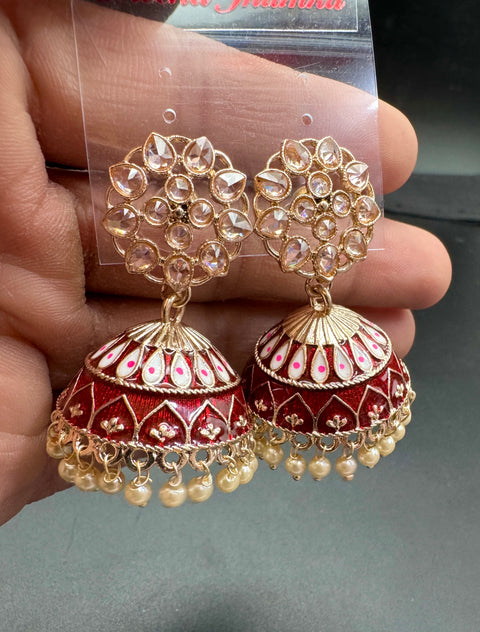 Polki Stone With Pearls Work Beautiful Meenakari Jhumka