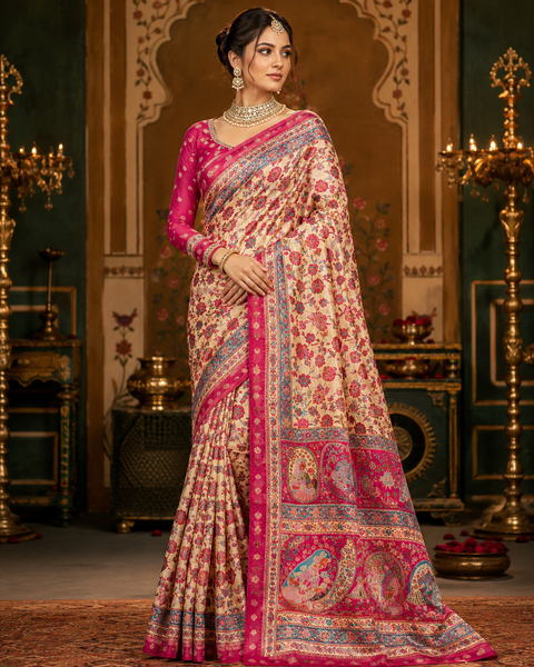 Kashmiri Kalamkari Inspired Soft Silk Saree with vibrant multicolour weaving and an elegant contrast pallu for a rich, timeless look.Blouse piece attached. Model image for reference only. Slight variation in colour and design may occur.