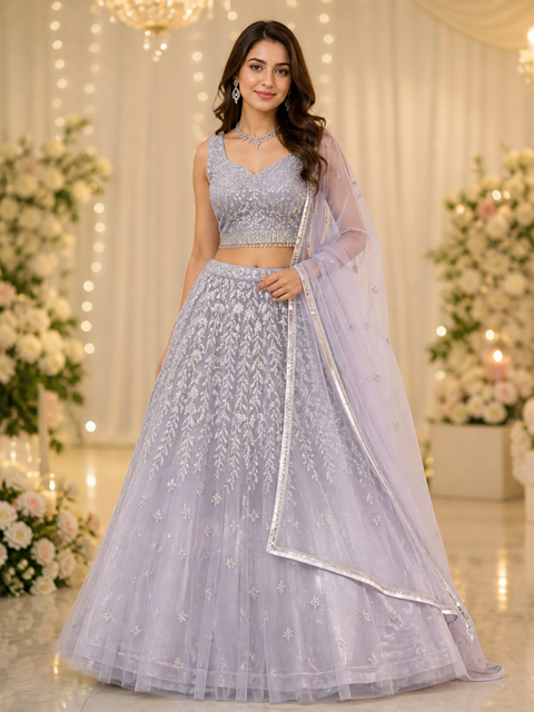 (Video Clip attached ) Heavy hand work designer stylish Blouse with very very heavy flared netting based  princess style lehnga and dupatta