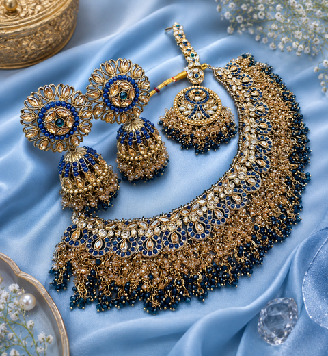 Original Polki stone with pearls beaded work beautiful necklace with jhumka and tikka set