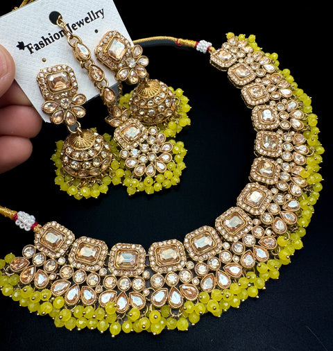 Polki stone with pearls beaded work beautiful necklace with jhumka and tikka set