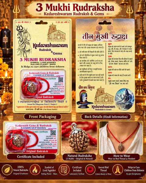 Natural 3 Mukhi Rudraksha, traditionally associated with Lord Agnidev and Mars. Believed to promote confidence, courage, positivity and spiritual strength. Comes with sacred red thread and an authentication certificate.