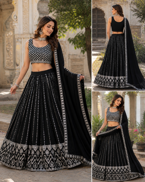 Georgette based embroidery work with sequins work all over lehnga and crop top designer blouse and Georgette sequined dupatta(slight variation in design is possible )
