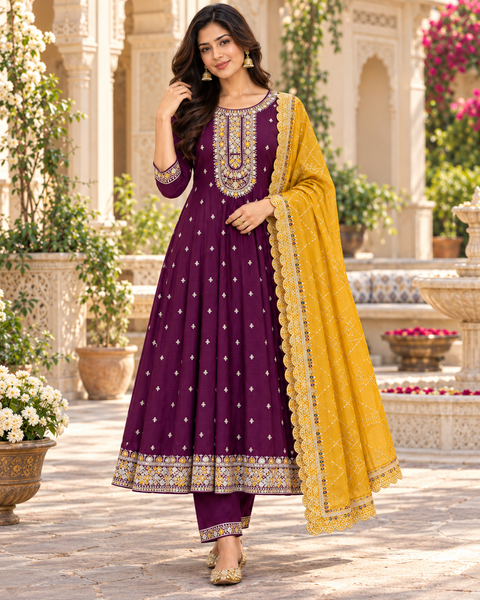 Rayon Silk/Georgette Silk Anarkali Suit featuring beautiful embroidery on the neckline and kurta, with a soft flattering flare & matching pants and a Chinon dupatta finished with elegant embroidery.Slight variation in colour and design is possible