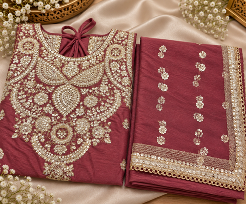 Elegant Chanderi Silk suit featuring all-over heavy embroidery and mirror work with a beautifully detailed neckline. Paired with a heavily embroidered palazzo and a gorgeous matching dupatta .Slight variation may ofcolour & design is possible