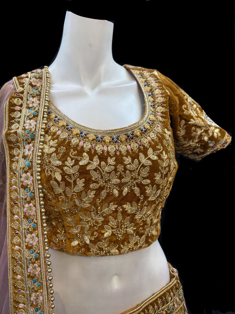 (Clip attached S-40(44))Brown colour velvet based beautiful peacock design embroidery work stones work very heavy layered ken heavy Designer Bridal Lehnga with heavy tessels attached to blouse & Lehnga & heavy work lace beaded dupatta