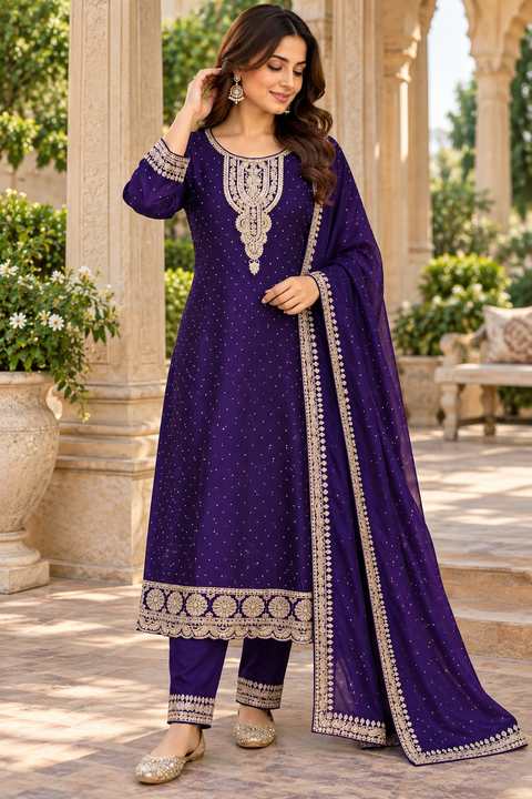 Georgette Silk suit set featuring elegant golden embroidery on the neckline, sleeves and hem, paired with matching pants and a beautifully bordered dupatta.Slight variation in colour and design may be possible.