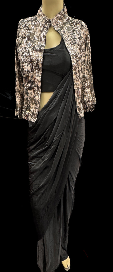Lycra Blouse with Readymade saree and Malmal Georgette sequined work Floral design Jacket