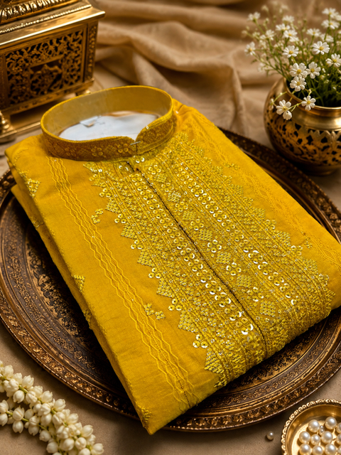 Soft malmal based beautiful embroidery work with sequins work designer Kurta with golden Pajama (slight variation in color and design is possible)