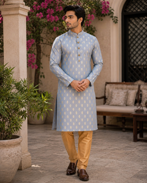 Soft Silk based Heavy brocade work designer Kurta with golden Pajama (slight variation in color and design is possible)