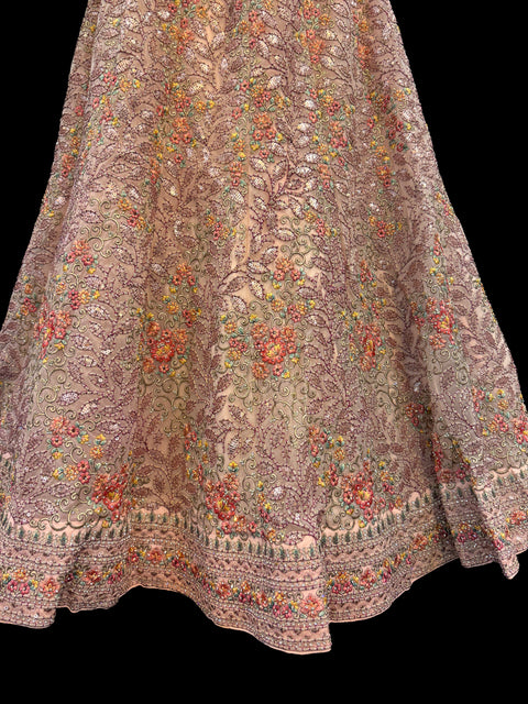 (video clip attached) Netting based embroidery work with heavy sequins and stone work Heavy Ken ken designer lehnga with heavy handwork blouse and netting dupatta