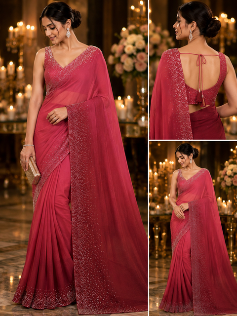Soft Silky Poly Crepe Saree with elegant stone work border. Comes with matching blouse piece. Lightweight with a soft, flowy drape and subtle sheen. the blouse worn by model is for reference purpose. Slight variation in color & design is possible.