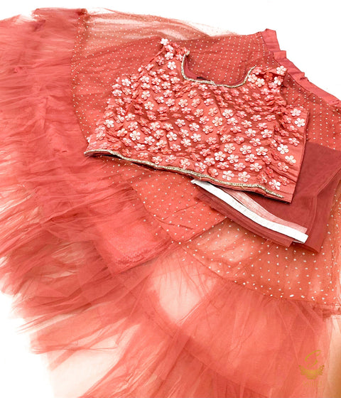 Dark Flamingo Pink colour netting based stone work beautiful kids lehnga