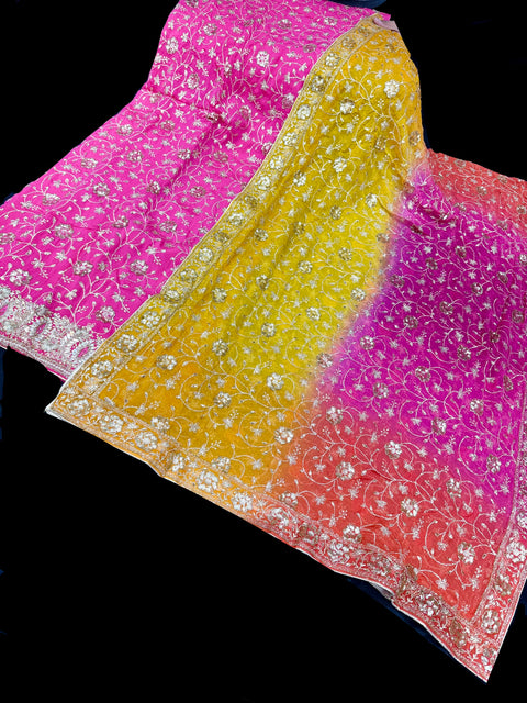 (video clip attached)pink and yellow  color pure chinnon based embroidery work with handwork kameez with plain silk bottom fabric (2.75 mtrs) and chiffon based heavy hand work dupatta