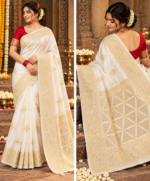 Luxuriously soft silk saree with a smooth, lightweight feel and beautifully flowy drape. Featuring rich woven zari floral motifs and an elegant detailed border .Blouse piece included. Slight variation in colour and design is possible.