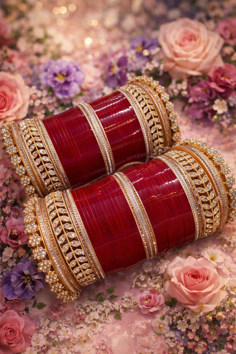 Beautiful red bridal chooda with premium gold detailing 💫 Perfect for weddings & special occasions