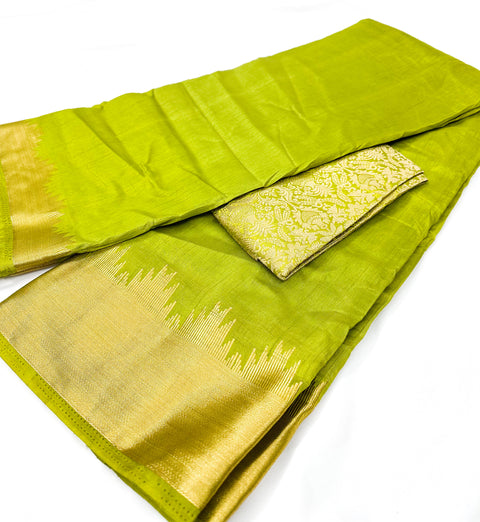 Soft Silk based Broad zari border Saree with Contrast Brocade silk based Blouse