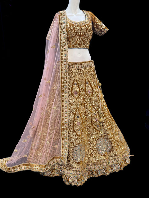 (Clip attached S-40(44))Brown colour velvet based beautiful peacock design embroidery work stones work very heavy layered ken heavy Designer Bridal Lehnga with heavy tessels attached to blouse & Lehnga & heavy work lace beaded dupatta