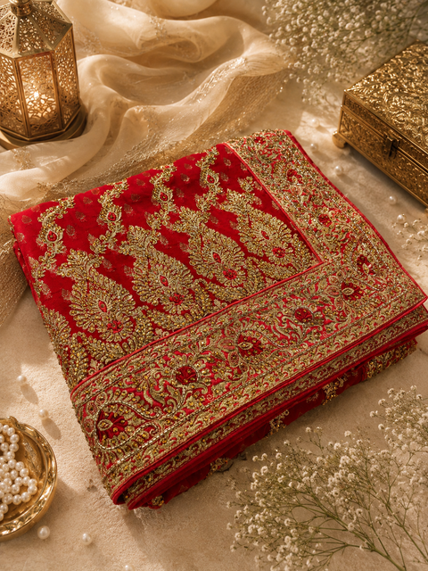 Beautiful Bridal Saree featuring intricate hand embroidery, rich gold zari work and sparkling stone embellishments. ✨Model blouse is for reference only. Blouse piece is attached with the saree. Slight variation in colour and design may occur.