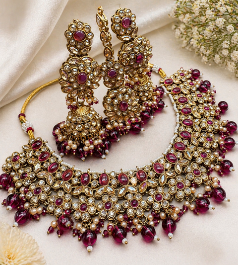 Polki stone with pearls beaded work beautiful necklace with jhumka and tikka set