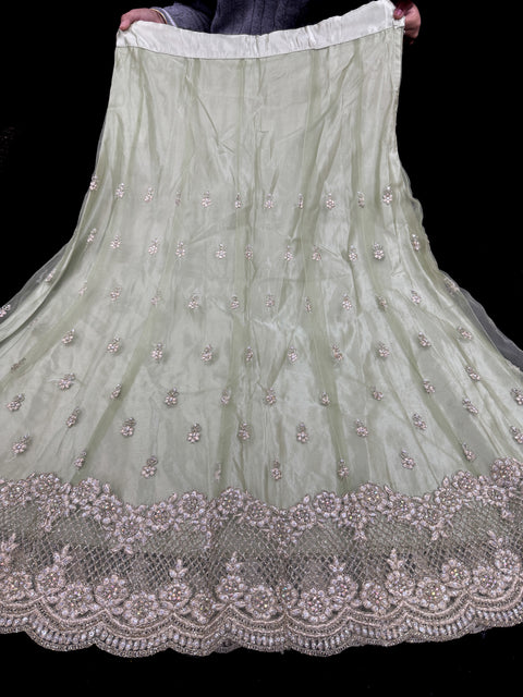 Pastel Mint color Netting based Golden stones and embroidery work all over front & back of kameez & long Jacket with stone work and beautiful lehnga & netting dupatta (Size 42 and can be altered upto 44)