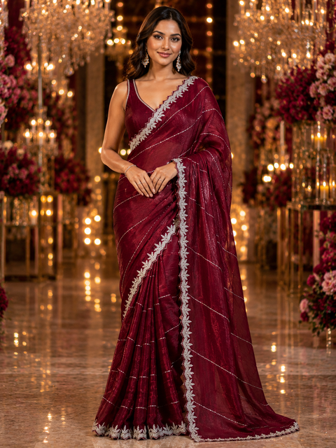 Elegant Jimmy Choo Saree featuring intricate handwork detailing and a beautifully embellished border. Comes with an attached matching blouse piece, blouse worn by the model is for reference purposes only(slight variation in color and design is possible)