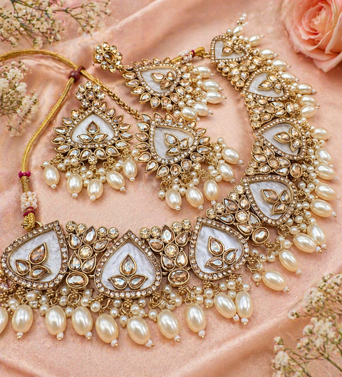Original Polki stone with pearls beaded work beautiful necklace with earrings and tikka set