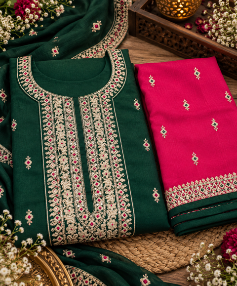 Elegant flared Anarkali suit featuring delicate embroidery with all-over motifs, matching pants and a contrast hot pink dupatta with embroidered border.Slight variation in colour and design is possible