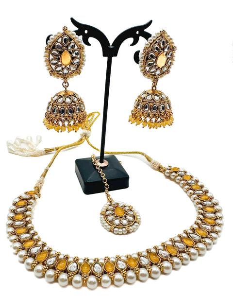 Kundan and Pearls work beautiful necklace set with Jhumka & Tikka