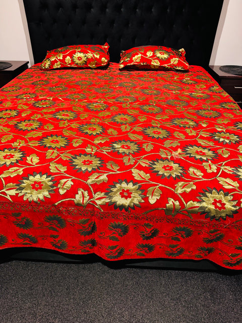 Roses Print Velvet golden zari Work Bed Sheet (275cm x 265cm)king size King Size Bedsheet With Double Pillow Cover