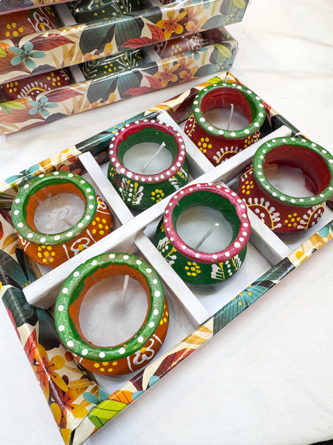 6 piece colourful Matka diya Natural Clay Traditional (Diwali Ke Diye) price per pack (slight variation in colors and design is possible )with wax inside