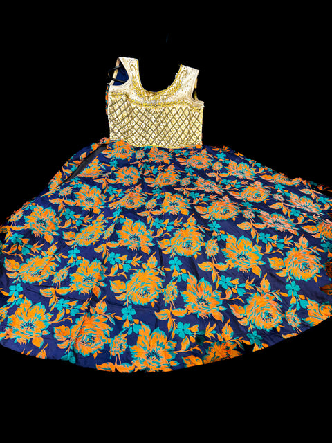 Stonework with Blue, Orange & Teal colour beautiful brocade silk print gown