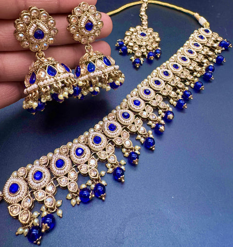 Original Polki stone with pearls beaded work beautiful necklace with earrings and tikka set