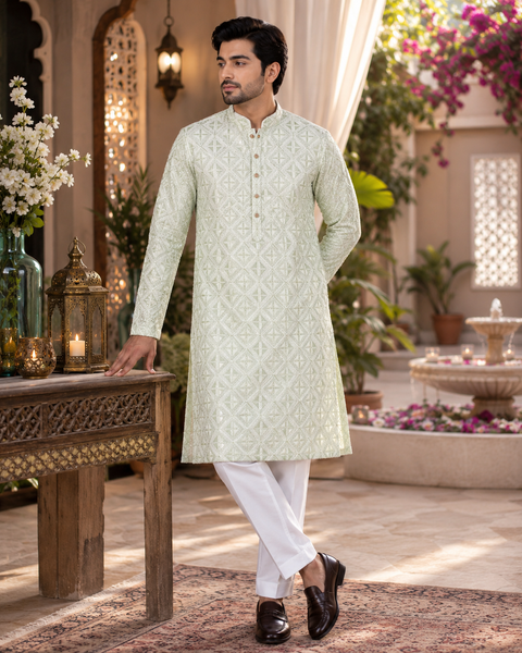 Pure Rayon Based Beautiful Heavy Embroidery Work At Front And Back With Sequins Work Designer Kurta & White Pants (slight variation in color and design is possible)