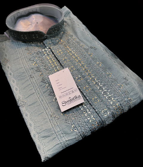Soft malmal based beautiful embroidery work with sequins work designer Kurta with golden Pajama