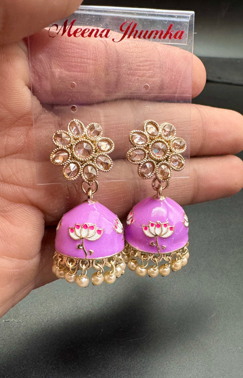 Small size Polki Stone With Pearls Work Beautiful Meenakari Jhumka