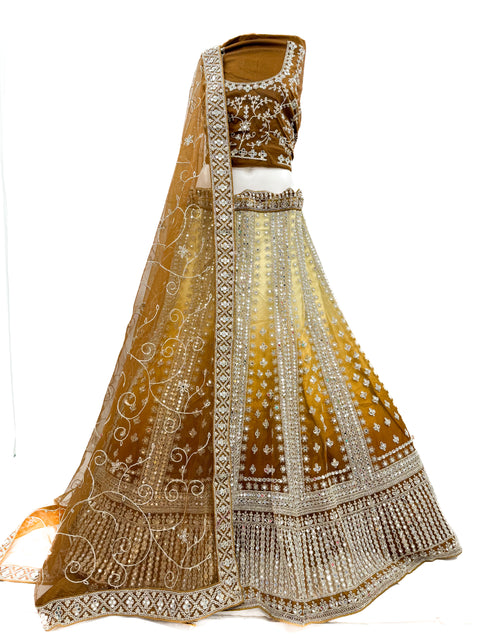 Original mirrors work Heavy Ken ken flared two toned shades netting based designer lehnga with heavy handwork blouse and Dupatta (video clip attached for reference )