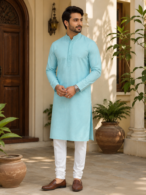 Pure cotton based Plain kurta with white pajama Set(slight variation in color and design is possible)