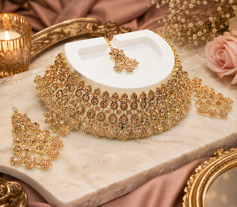 Golden Jerkan Stone Beautiful choker Necklace Set (slight variation in color and design is possible)