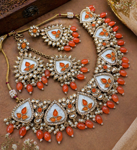 Original Polki stone with pearls beaded work beautiful necklace with earrings and tikka set