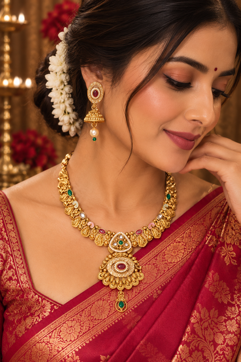 Elegant temple-style gold necklace set with intricate detailing, multicolour stones and pearl accents. Comes with matching jhumka earrings.(slight variation in color & design may occur)