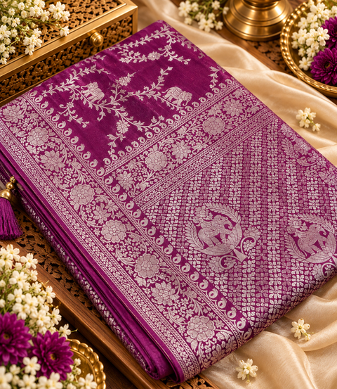 Luxuriously soft silk saree with a smooth, lightweight feel and beautifully flowy drape. Featuring rich woven zari floral motifs and an elegant detailed border .Blouse piece included. Slight variation in colour and design is possible.