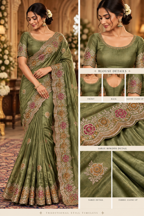 Soft Olive Soft Silk Saree with a subtle shimmer, all-over delicate motifs and rich floral handwork on a scalloped border. Attached blouse piece included; model blouse is for reference only. Slight variation in colour and design is possible.