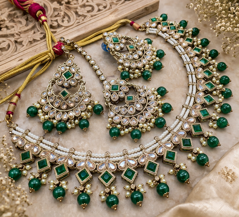 Original Polki stone with pearls beaded work beautiful necklace with jhumka and tikka set