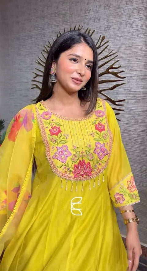 (Video Clip attached)Plus size Pure and soft Chanderi Silk based beautiful embroidery work flared kameez & Plazo pants with beautiful floral print organza Dupatta