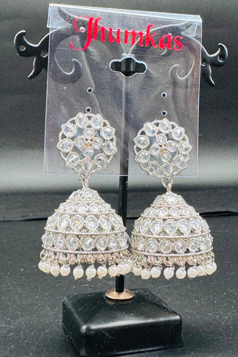 Silver color original Polki design stone with pearls hanging Jhumka