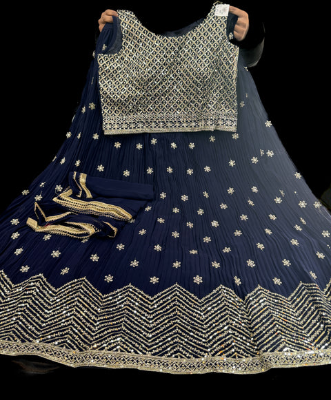 Georgette based embroidery with hand work crop top designer blouse with lehnga and Georgette dupatta